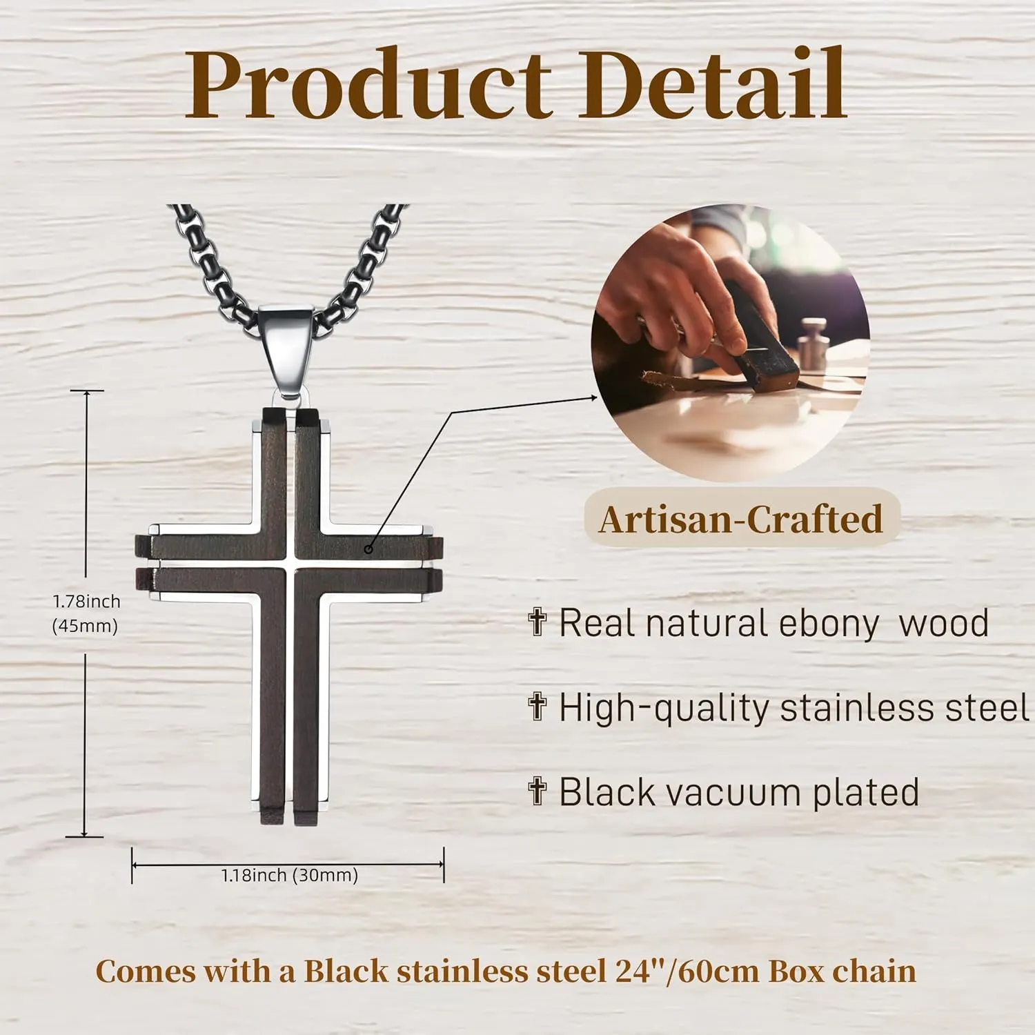 Wooden Cross Necklace for Men, Natural Ebony Mens Cross Necklaces Black Stainless Steel Christian Wood Crucifix Pendantwith Necklace 24" Box Chain
