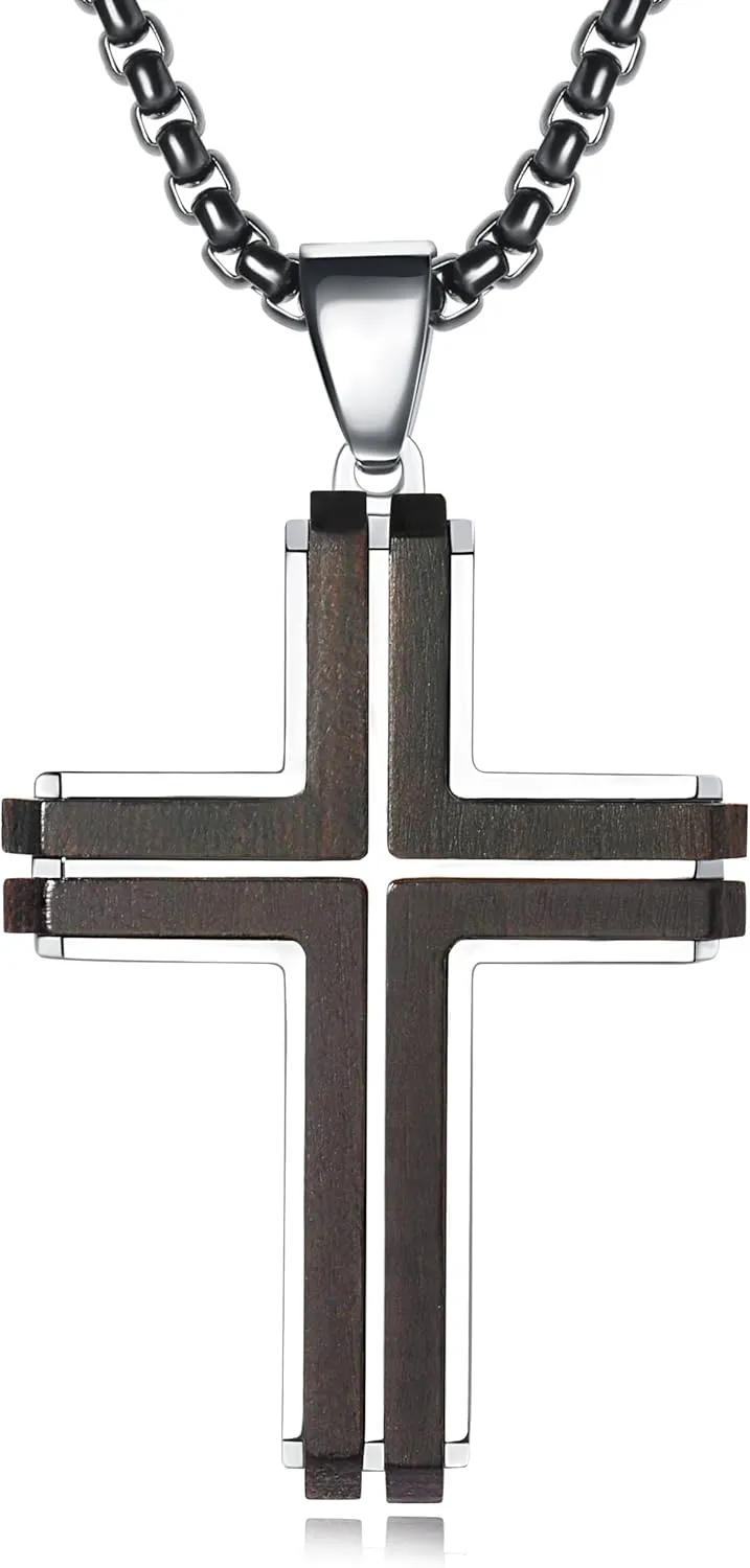 Wooden Cross Necklace for Men, Natural Ebony Mens Cross Necklaces Black Stainless Steel Christian Wood Crucifix Pendantwith Necklace 24" Box Chain