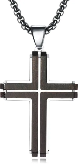 Wooden Cross Necklace for Men, Natural Ebony Mens Cross Necklaces Black Stainless Steel Christian Wood Crucifix Pendantwith Necklace 24" Box Chain