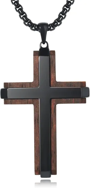Wooden Cross Necklace for Men, Real Ebony Mens Cross Necklaces Black Stainless Steel Christian Wood Crucifix Pendant, with Necklace 24" Round Box Chain