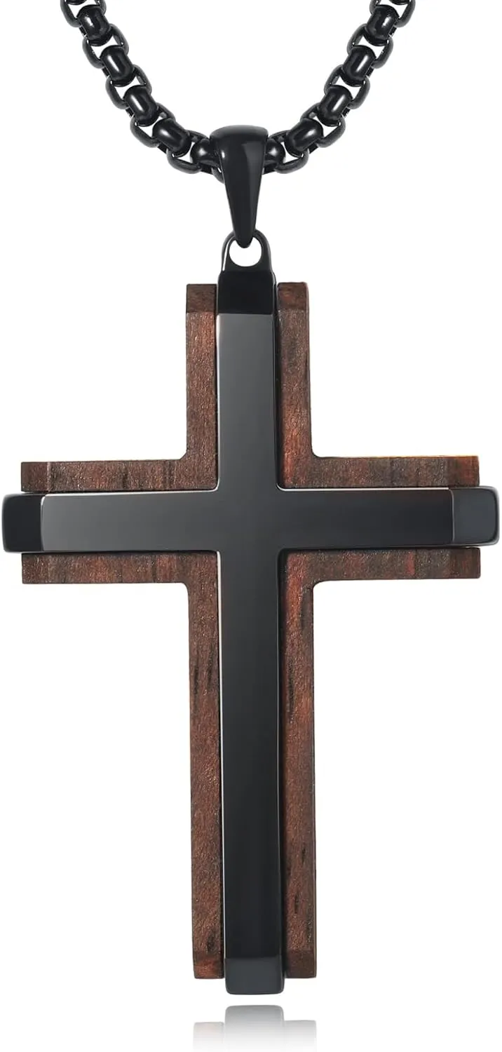 Wooden Cross Necklace for Men, Real Ebony Mens Cross Necklaces Black Stainless Steel Christian Wood Crucifix Pendant, with Necklace 24" Round Box Chain