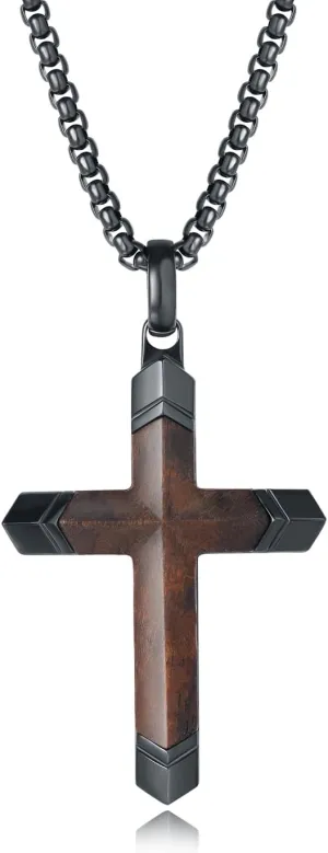 Wooden Cross Necklace for Men, Real Ebony Mens Cross Necklaces Black Stainless Steel Christian Wood Pendant, Necklace 24" Round Box Chain