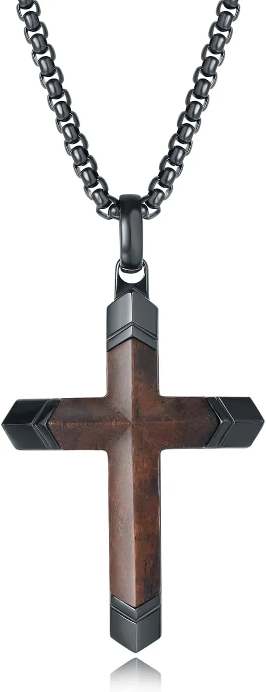 Wooden Cross Necklace for Men, Real Ebony Mens Cross Necklaces Black Stainless Steel Christian Wood Pendant, Necklace 24" Round Box Chain