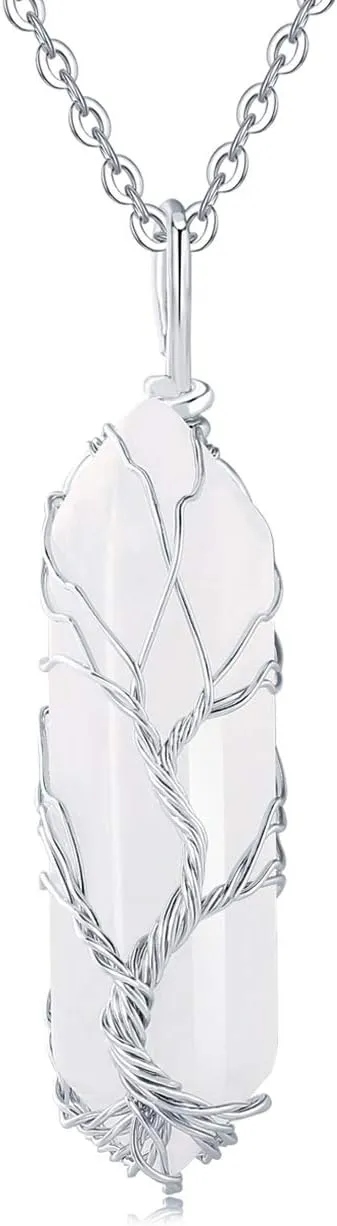 XIANNVXI Tree of Life Wire Wrapped Crystal Point Pendant Necklace Reiki Healing Crystal Stone Clear Quartz Necklaces Natural Hexagonal Gemstone Jewelry for Women