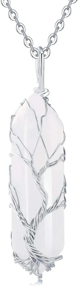 XIANNVXI Tree of Life Wire Wrapped Crystal Point Pendant Necklace Reiki Healing Crystal Stone Clear Quartz Necklaces Natural Hexagonal Gemstone Jewelry for Women