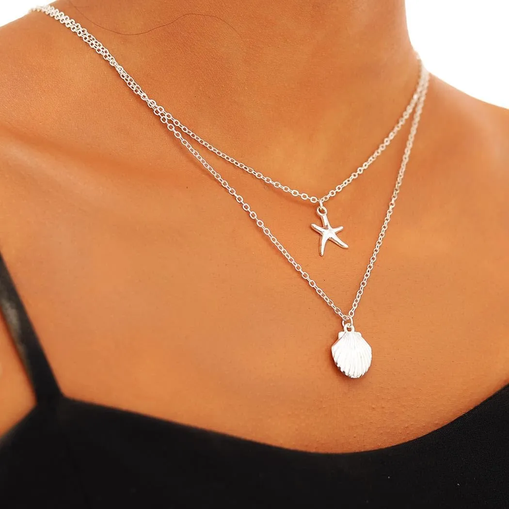 Yalice Starfish Layered Necklace Chain Boho Shell Pendant Necklaces Beach Summer Jewelry for Women Gifts