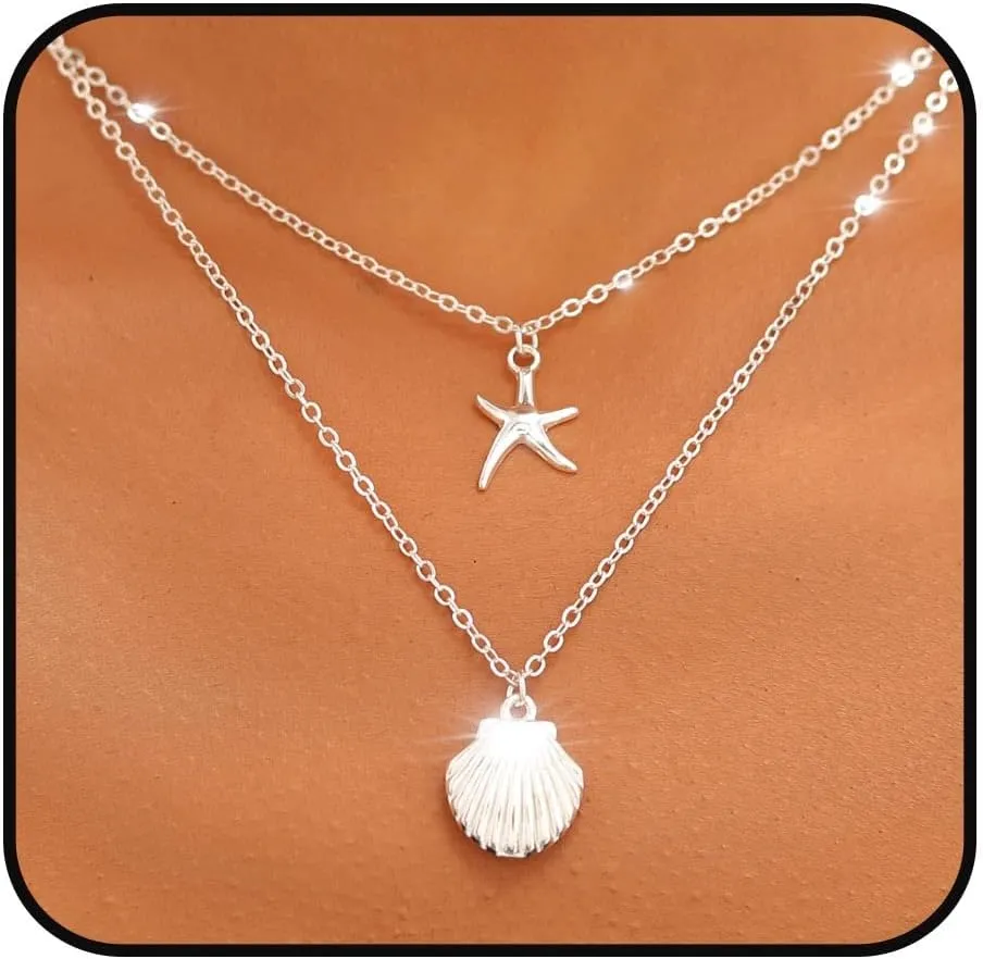 Yalice Starfish Layered Necklace Chain Boho Shell Pendant Necklaces Beach Summer Jewelry for Women Gifts