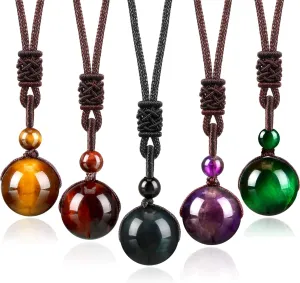 Yaomiao 5 Pcs Natural Crystal Pendant Necklaces Healing Chakra Beads Tiger Eyes Blessing for Men Women Adjustable
