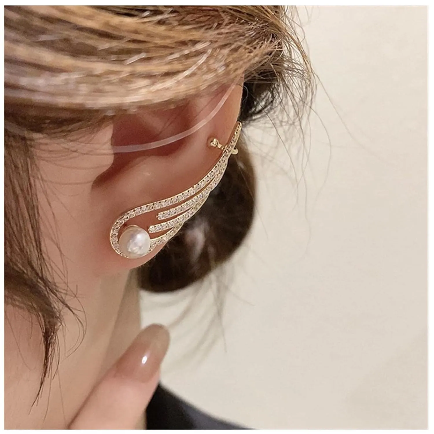 YienDoo Boho Crystal Wing Ear Cuff Wrap Earrings Gold Rhinestone Wing Ear Jacket Piercing Wrap Earrings Statement Crawler Climber Pearl Stud Single Earring Left Ear Jewelry for Women