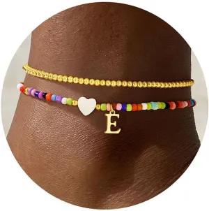 Yoosteel Gold Beaded Heart Initial Ankle Bracelets for Women - 14K Gold Plated Layered Letter Anklets Personalized Jewelry Gifts