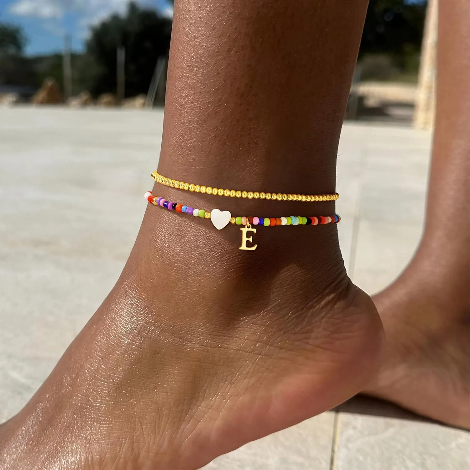 Yoosteel Gold Beaded Heart Initial Ankle Bracelets for Women - 14K Gold Plated Layered Letter Anklets Personalized Jewelry Gifts