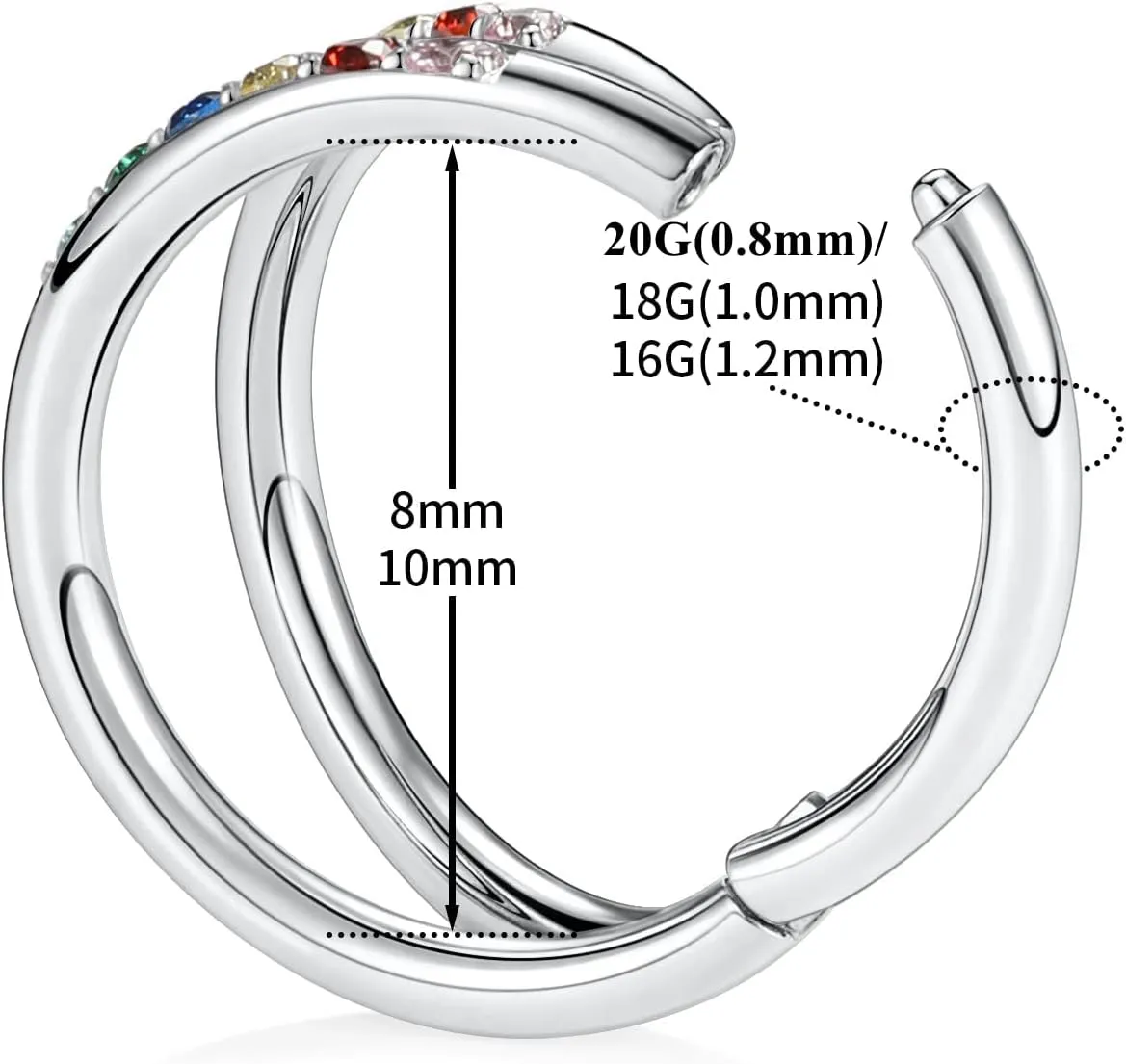 Yrogcu Nose Ring Lip Rings Septum-Clicker:8G 10G 12G14G 16G 18G 20G Dia.6mm 8mm 10mm 12mm 14mm 16mm Hinged Nose Piercing Hoop Ring Sleeper Earring Helix Rook Conch Cartilage Daith Tragus Earrings Nose Piercing Jewelry