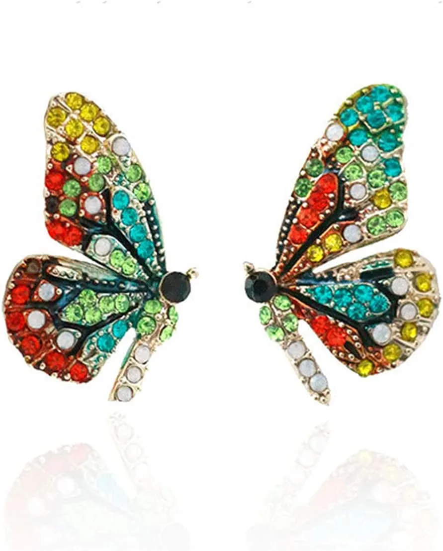 YUNXI Fairy Butterfly Stud Earrings 3D Rhinestone Color Fairy Butterfly Diamond Crystal Animal Earrings