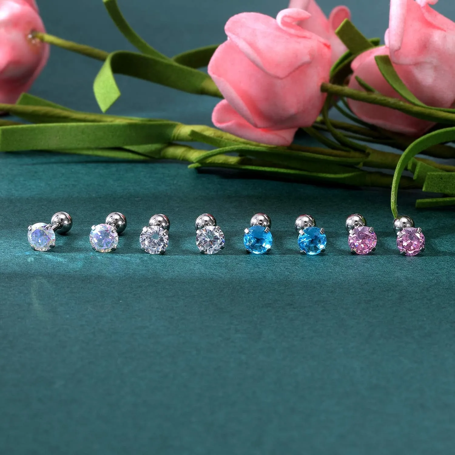 ZS 4 Pairs Shiny Cubic Zirconia Cartilage Earrings 16G Surgical Steel Stud Earrings Tragus Helix Conch Ear Piercing Sets