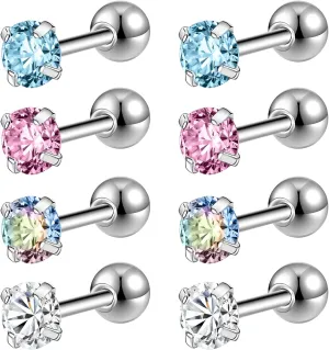 ZS 4 Pairs Shiny Cubic Zirconia Cartilage Earrings 16G Surgical Steel Stud Earrings Tragus Helix Conch Ear Piercing Sets