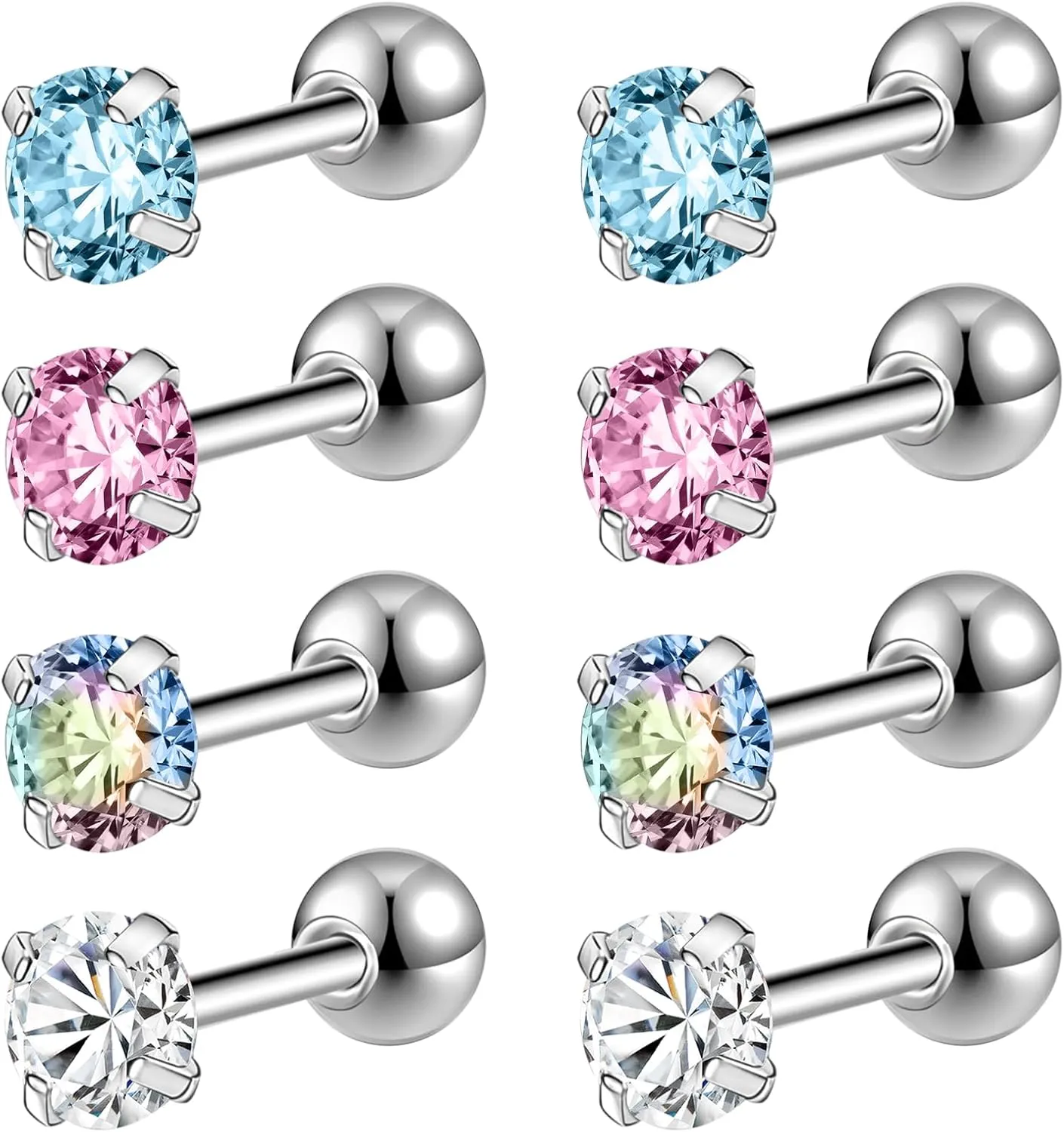 ZS 4 Pairs Shiny Cubic Zirconia Cartilage Earrings 16G Surgical Steel Stud Earrings Tragus Helix Conch Ear Piercing Sets